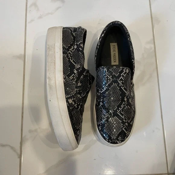Steven Madden. | Neutral Colour Snake Print Slip On Flat Shoes - Picture 5 of 15